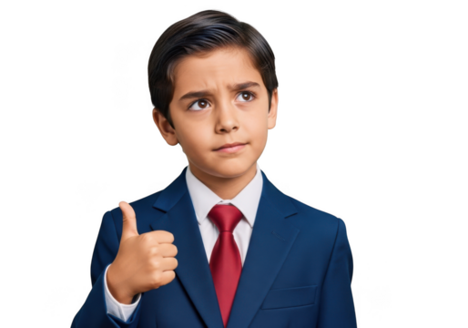 Young boy in suit giving thumbs up, looking upward, success, achievement, approval, isolated on transparent background