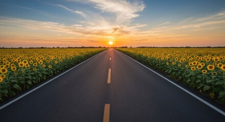 Naklejka premium Asphalt road through a sunflower field at sunset