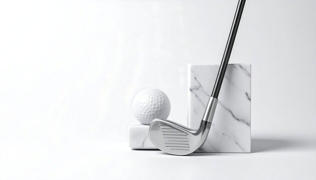 Golf club and ball arranged with marble blocks on a white background, professional sports equipment