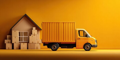 Streamlined moving services with a modern yellow delivery van and cardboard boxes ready for a new home, designed for easy relocation and logistics