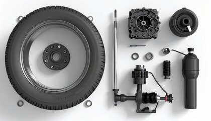 Fototapeta premium Automotive parts arranged on a clean white surface, showcasing components of a vehicle's wheel and suspension system.