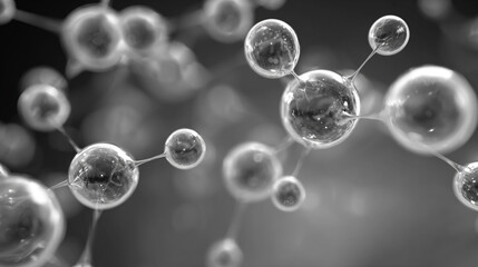 A black and white visualization of a complex molecular structure showing interconnected transparent atoms against a blurred background