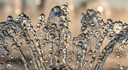Close-up of water droplets splashing in sunlight, fountain detail.