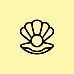 Minimalist vector illustration of an open seashell with a pearl inside, designed in simple black outline style