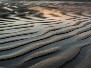 Rippling Sand Patterns Reflecting Sunset Sky at Low Tide