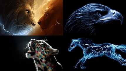 Composite featuring a lion pair, eagle, jaguar, and horse, all with electric lightning details