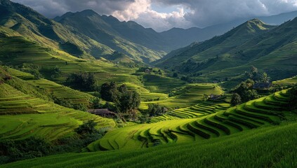 Explore majestic rice terraces in Sapa Vietnam, perfect for travel blogs, eco-tourism brochures, and stunning landscape photography projects