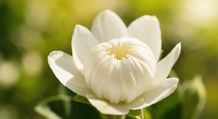 Obraz premium Close-up of a pristine white flower, petals delicately folded around a central, textured core. Soft, out-of-focus green foliage surrounds the blossom, bathed in bright, natural light