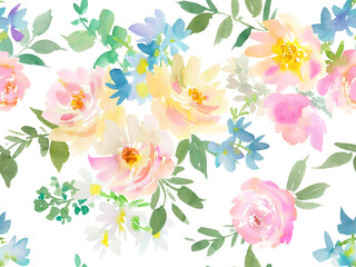 Watercolor Seamless Floral Pattern with Abstract Hand painted pink and white peonies and wild flowers. Spring Floral textile design for fabric and gift wrapping. Botanical wallpaper. PNG files.