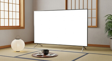 Modern large screen TV with blank white screen in minimalist Japanese-style room on tatami floor