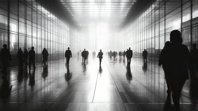 Urban Silhouette: A grayscale view captures a large group of silhouetted figures moving through an abstract, expansive architectural space, highlighting a dynamic scene of human activity. 