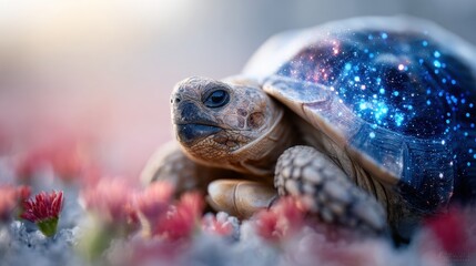 Obraz premium Turtle resting among colorful flowers with a cosmic background