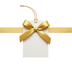 Blank gift tag with golden ribbon and bow isolated on transparent background