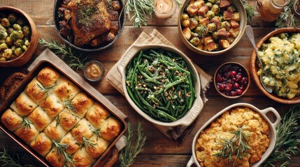 Delicious holiday feast with roasted meat, sides, and garnishes on wooden table. Easy Make-Ahead Christmas Meals, concept of holiday dinner.