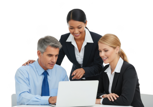Diverse business team collaboration on laptop, man and women working together, office meeting, presentation, teamwork, isolated on transparent background