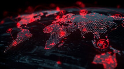 Dynamic global network connects cities with vibrant red data points and glowing lines, visualizing worldwide communication and digital interconnectedness for technology concepts.