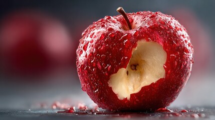 Fresh Juicy Red with Water Droplets and a Bite Mark Showing Crisp White Interior on a Dark Surface in Close-Up