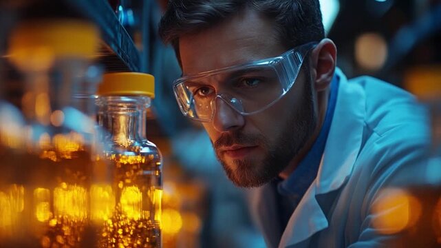 Scientist Conducting Research: A focused scientist, shielded by safety glasses and clad in a lab coat, meticulously examines a scientific vial. Illuminated by warm, ambient light.