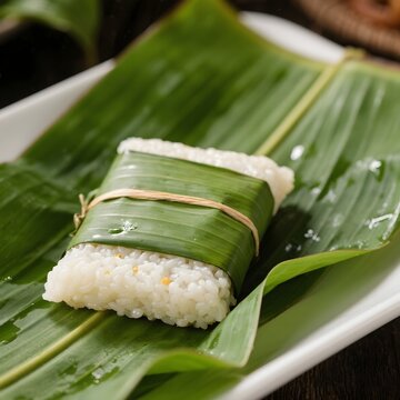 4k high quality Ai generative HD photo realistic fresh baked homemade steamed nasi rice lemper putih daun pisang banana leaf lipat beras ketan Indonesia Traditional wrap
