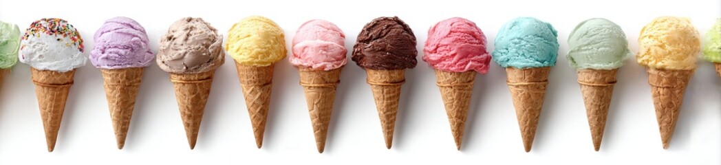 Colorful Assorted Ice Cream Cones with Various Flavors and Toppings Displayed in a Row