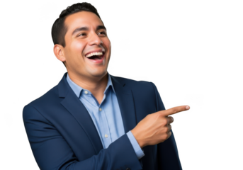 Enthusiastic businessman pointing right laughing in suit png image for presentations and designs, isolated on transparent background