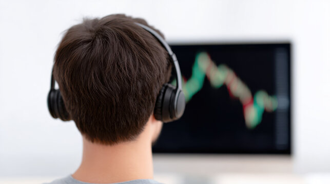 Man wearing headphones analyzing financial chart on computer screen focused on investment trends and data
