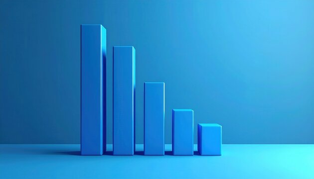 Blue stylized bar graph visualizes a downward trend or decreasing data over a period of time against a plain blue backdrop with smooth gradient.