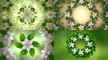 Collage of floral patterns with white blossoms and green leaves on colorful backgrounds