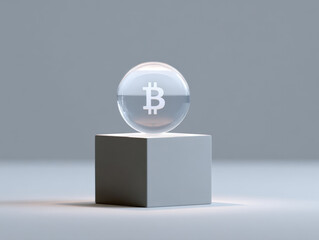 Transparent bitcoin symbol inside glass sphere on white cube pedestal with soft lighting and gray background