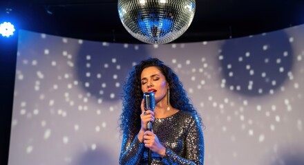 Female singer performing live on stage with disco ball