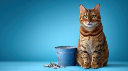 A tabby cat sits beside a blue bucket with fish on a blue background