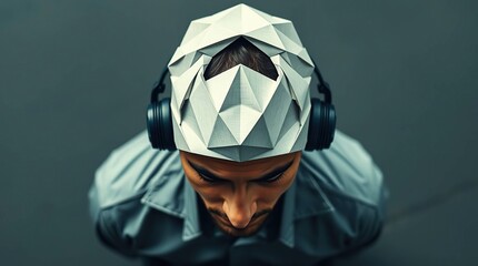 Man in geometric mask with headphones.