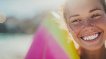 Woman smiling while holding a colorful beach float on a sunny day