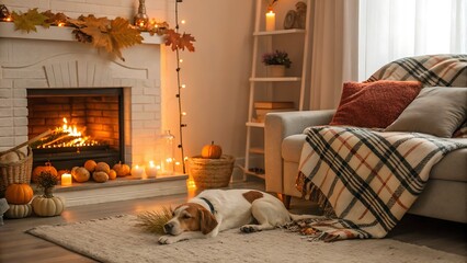 Dog resting in a cozy room with fireplace and autumn decorations near sofa