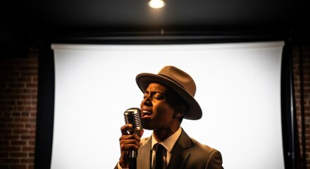 African American jazz singer performing with vintage microphone