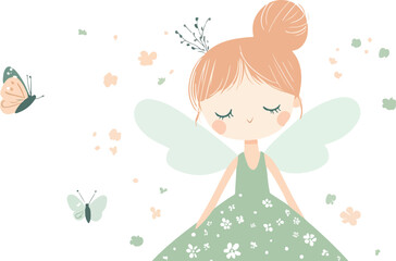 Beautiful young woman with messy bun hairstyle and a rose and butterfly illustration