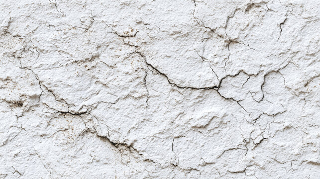 An old weathered white wall with a rough texture is covered in a web of dark cracks creating an abstract pattern of decay and age