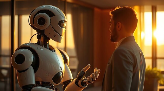 Businessman talks to robot with sunset.