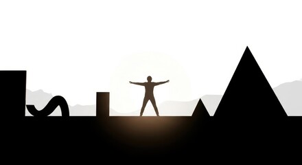 Silhouette of a person with arms outstretched standing on a platform