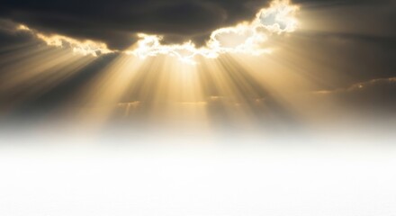 Sun rays shining through dark clouds on white background