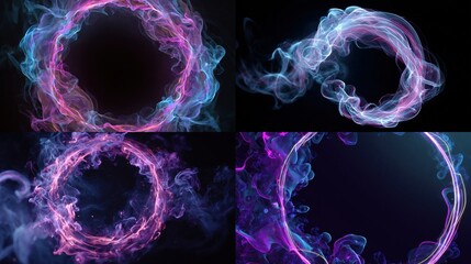 Translucent rings made of smoke and wisps of color swirling, isolated on a black scene.