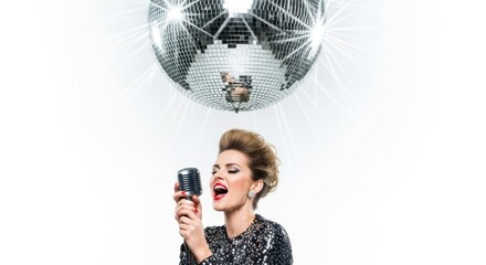 Singing woman with vintage microphone under disco ball on white background