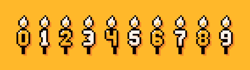 A set of pixel art birthday cake candles. Numbers from zero to nine for any date.