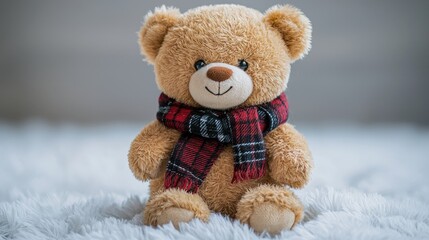 Obraz premium A teddy bear with a plaid scarf sits on a soft surface.