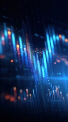 Fototapeta premium Abstract digital data visualization with glowing vertical lines and particles in a dark blue environment