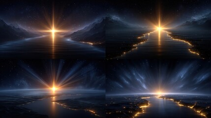 Glowing Horizon Collage Radiant Landscape, Celestial Light, Tranquil River, Night Sky View