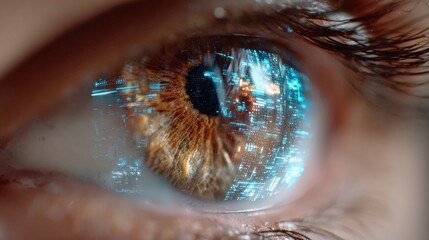 Close-up of human eye with digital data overlay reflecting in the iris