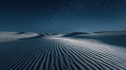 Snow-covered dunes under a starry night sky with rippled patterns illuminated by moonlight