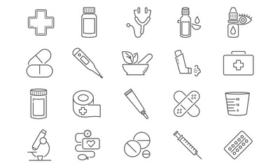 Medical pharmacy line icons set with healthcare symbols. Vector outline collection includes pill bottles, medicine capsules, syringe, stethoscope and treatment elements.