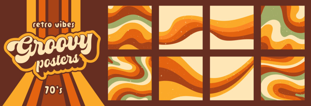 A set of 8 square zebra Y2K groovy patterns in warm color.